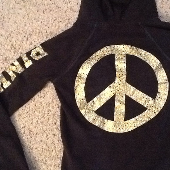 PINK Victoria's Secret Jackets & Blazers - PINK VICTORIA''S SECRET GOLD CRYSTAL PEACE HOODIE